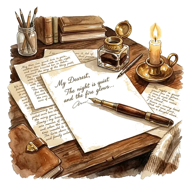 A writer's desk with fountain pen, ink well, and handwritten pages