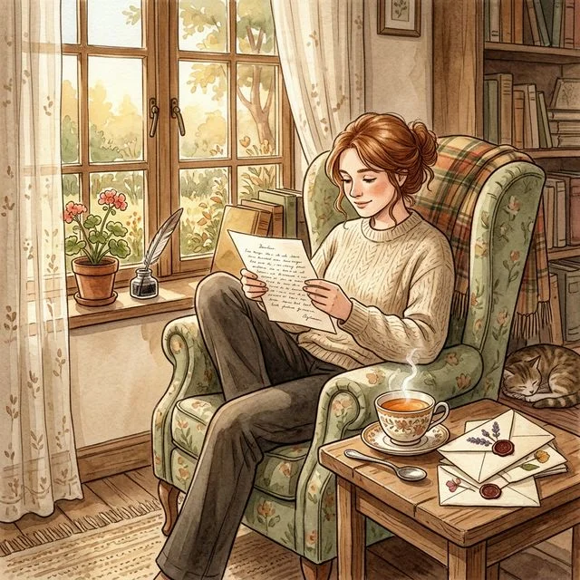 A person reading a beautiful letter by a sunlit window