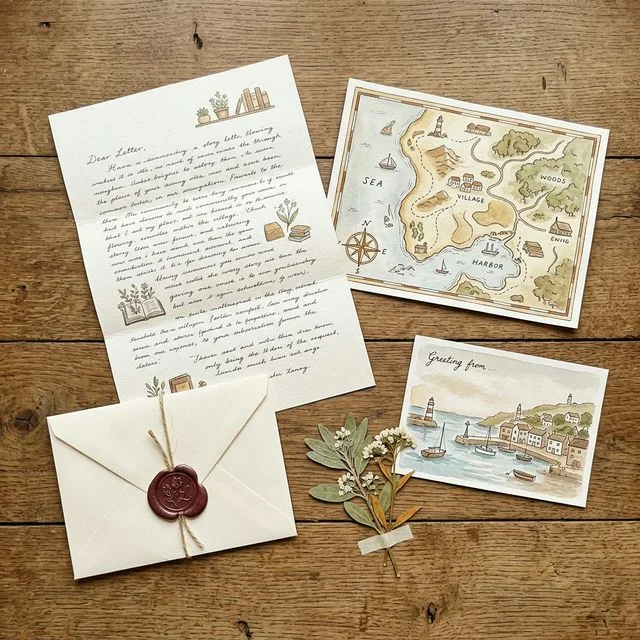 A flat lay of letter contents: handwritten letter with extras and keepsakes